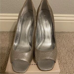 BCBGeneration Glittering Silver Peep Toe Heels Holiday